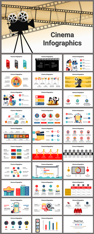 Cinema themed slide deck featuring various charts, icons, and illustrations, including film reels and clappers.
