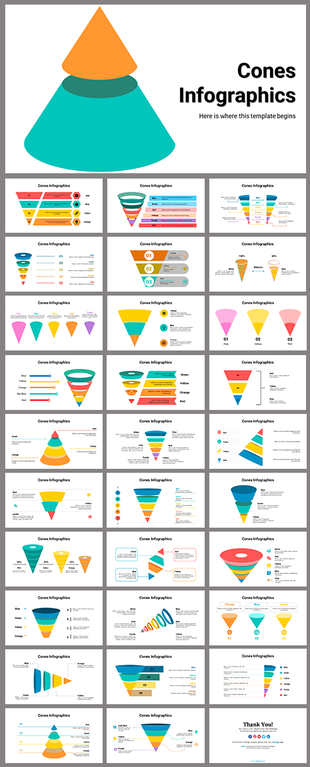 Slide deck showcasing cone-shaped infographic designs in various layouts and colors for data visualization.