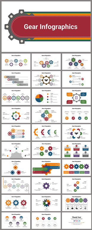 A collection of colorful gear themed infographic slides showcasing data in various circular and interconnected gear designs.
