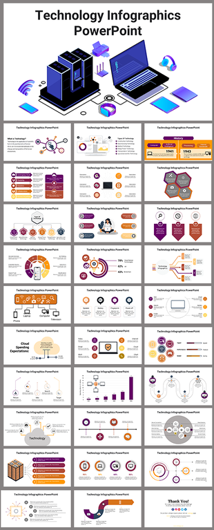 Collage of technology-themed slides with illustrations of devices, timelines, graphs, and cloud computing elements.