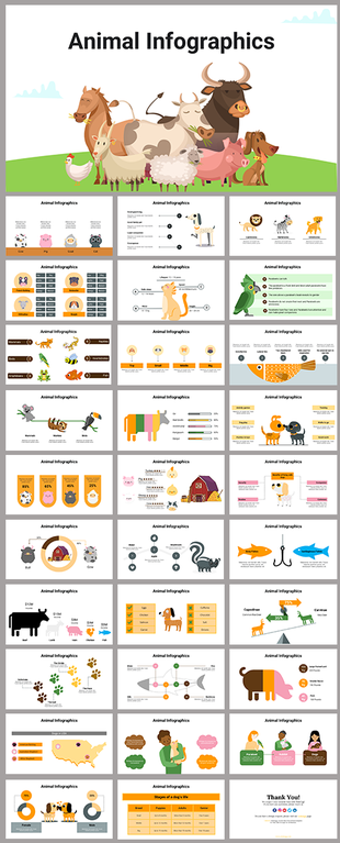 Animal infographic slide deck with various farm and wild animal illustrations, charts, and comparison layouts.