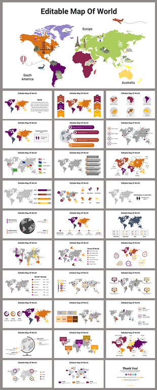Collection of world map templates featuring color coded interactive markers, data charts, and labeled continents.