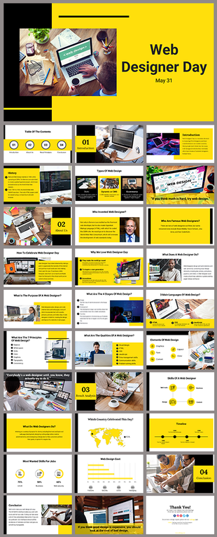 Web designer day slide deck layout showcasing information on web design career and industry insights topics.