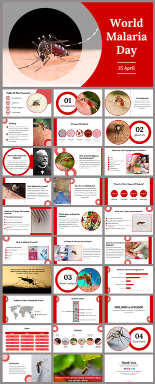 A World Malaria Day slide deck covering malaria symptoms, prevention methods, global statistics, and the history of malaria.