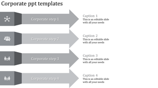 Corporate PowerPoint template featuring four steps with icons for network, team, and business collaboration.