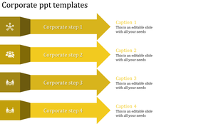 Template featuring a four-step corporate strategy with gradient yellow arrows, icons, and explanatory captions.