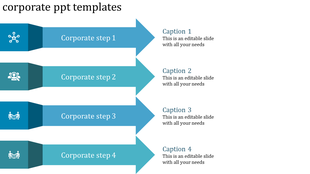 Corporate timeline template with four steps, by blue arrows and icons for networking, collaboration, and meetings.