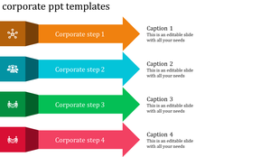 Corporate slide with multicolor horizontal arrows in orange, blue, green, and red, aligned vertically.