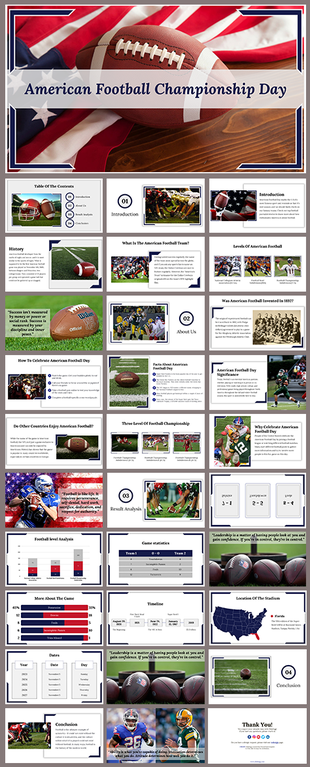 American football slide deck with visuals of players, history, stats, and the significance of the championship day.
