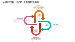 Corporate themed diagram with four arrows in orange, teal, red, and pink arranged in a circular flow, labeled captions.
