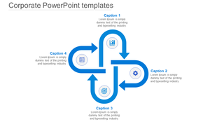 Blue themed corporate slide with four curved arrows form a cross layout, each with circular icons and captions around it.