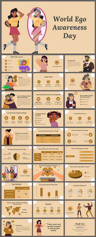 Colorful slide deck layout with a beige background featuring illustrations, sections on ego awareness, and text elements.
