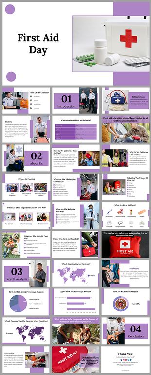 Alt: First Aid Day presentation slide deck featuring a clean purple and white theme with an image of a medical kit for emergency response awareness.
