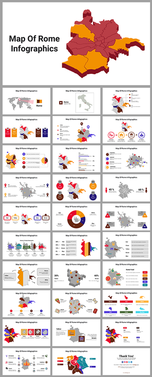 Infographic PPT slides featuring a detailed map of Rome with color coded regions, statistics, and icons in various layouts.