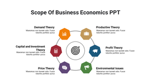 Six colored hexagons arranged in a circle, each representing key business economics, and a target icon in the middle.