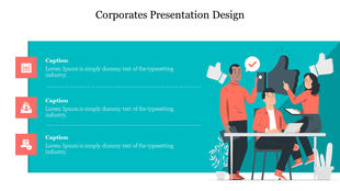 Corporate slide with three red icons and an illustration of a team working on the right, set on a teal background.