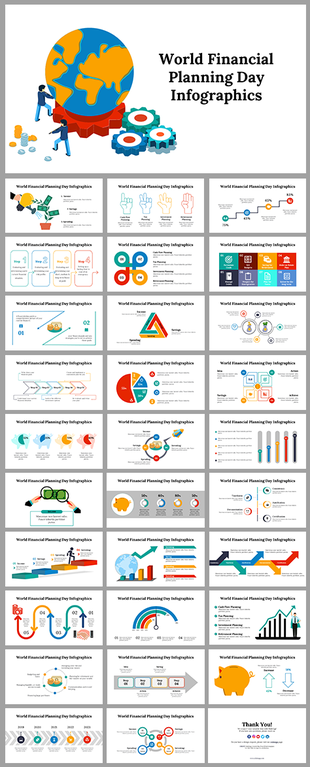 World financial planning day slides highlighting economic insights, growth metrics, and illustrations.