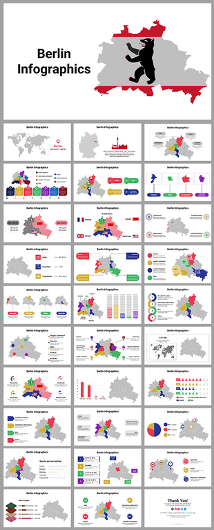 Berlin Infographics slide deck featuring a map outline of Berlin with the iconic  bear symbol in the center.