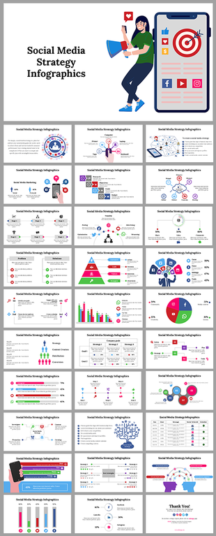 Social media strategy infographic slide deck featuring charts, icons, and illustrations, with layouts for marketing insights.