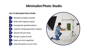 Split layout with a circular image of a photo studio on the right and a list of eight tips on the left in blue text blocks.