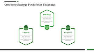 Corporate strategy PowerPoint template with green boxes and icons with placeholder text.