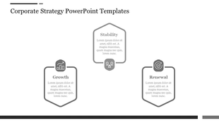 Corporate strategy slide layout featuring three gray hexagon frames with titles, icons, and placeholder text.