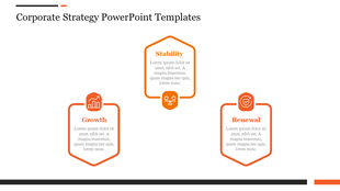Corporate strategy PPT template with three key areas growth, stability, and renewal, each with an icon and description.