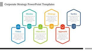 Corporate strategy slide with six sections Vision, Mission, Strategy, Objectives, Approach, and Tactics, each with an icon.