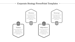 Corporate strategy template with three vertical steps stability, growth and renewal each with icons.