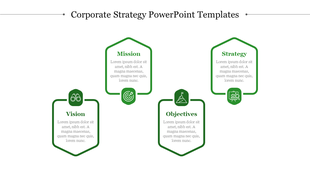 Corporate strategy slide featuring four green hexagons with titles, icons, and placeholder text.