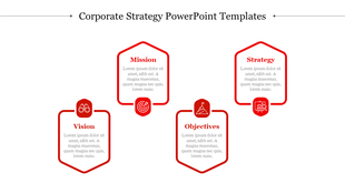 Corporate strategy slide with four red hexagons labeled vision to strategy, each paired with relevant red icons.