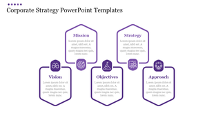 Corporate strategy slide with five purple hexagon shapes containing titles, icons, and descriptive placeholders.