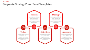 Five red pentagons aligned symmetrically, each featuring unique icons and descriptions, on a white background.