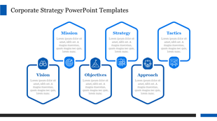 Corporate strategy slide featuring six sections Mission, Vision, Strategy, Objectives, Approach, and Tactics with icons.