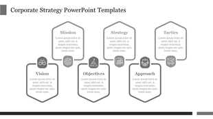Grayscale corporate strategy slide with sections from Mission to Tactics, each with corresponding icons and captions.