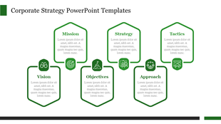 Corporate strategy diagram with six green connected hexagons, each labeled from vision to tactics featuring icons above.