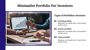 Investment portfolio types are illustrated with a focus on a person analyzing graphs and a breakdown of growth and income.