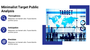Target public analysis with visual representations of thoroughness, anticipation, and precision, set against a world map.