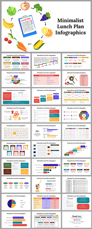Collection of minimalist lunch plan infographic templates with colorful charts, tables, and meal planning guides.