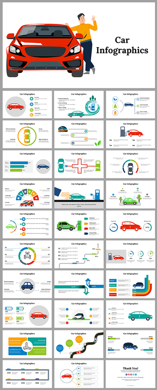 Car Infographics slide deck featuring an illustration of a person standing beside a red car with text on the right.