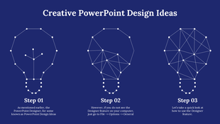 PowerPoint slide showcasing creative design ideas with steps illustrated by geometric lightbulb patterns on a blue theme.