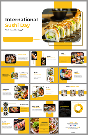 Modern slide deck with yellow accents showcasing sushi images, covering topics, events, and visual highlights.