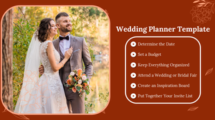 A couple in wedding attire surrounded by autumn foliage, with a checklist for wedding planning.