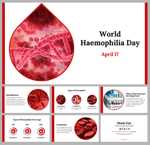 World haemophilia day slides featuring a graphic of a blood drop and DNA strands, highlighting April 17.