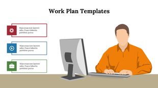 Work plan template featuring a man at a desk with a computer and three color-coded informational boxes.