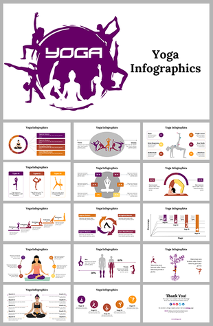 Yoga infographics slide deck showcasing poses, benefits, and tips with colorful charts, silhouettes, and figures.