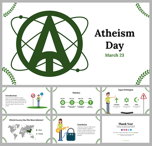 Atheism day slide deck showcasing topics like religious timeline, global map and types of religions, in green accents.