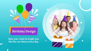 Birthday design with balloons, gifts, and a group of children in party hats celebrating with a cake, on a teal backdrop.