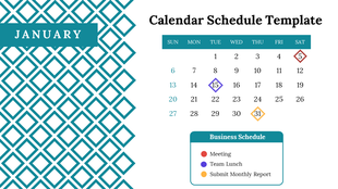 Calendar schedule template for January with color coded events such as meetings, team lunches, and report submissions.