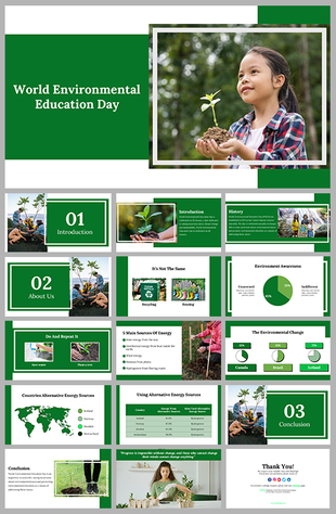 World environmental education day slide deck focusing on energy sources, recycling, and global awareness.